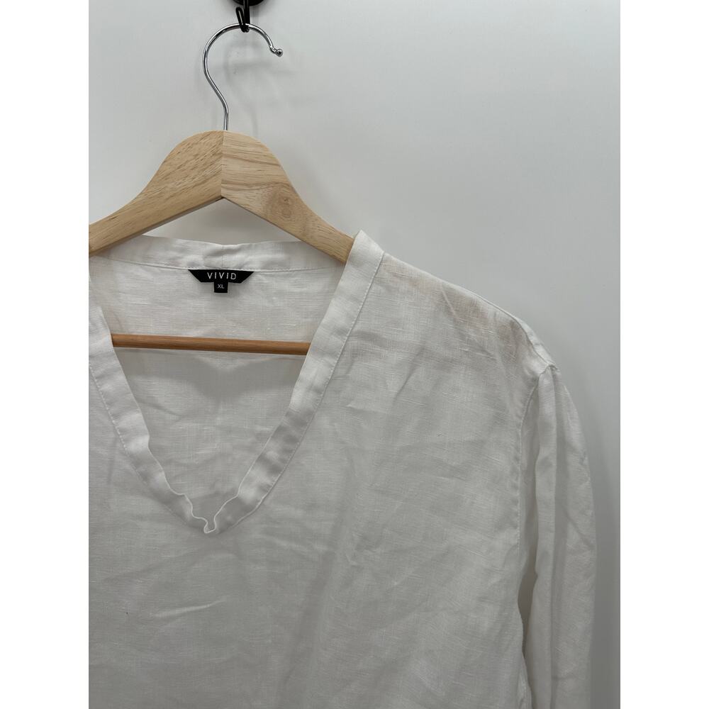 Vivid Women White V-Neck Linen Top Shirt Blouse Coastal Minimal Neutral Size XL - Picture 3 of 6